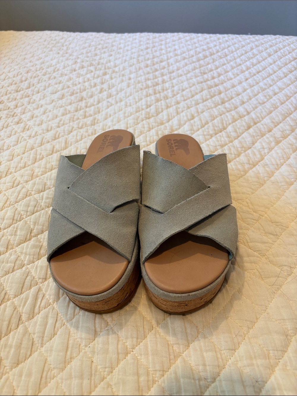 Sorel Gray Suede Cork Wedge Slide Mules